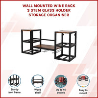 Wall Mounted Wine Rack 3 Stem Glass Holder Storage Organiser