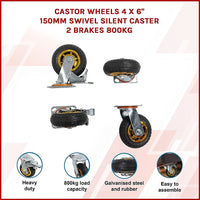 Castor Wheels 4 x 6" 150mm Swivel Silent Caster 2 Brakes 800KG