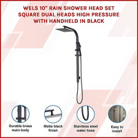 WELS 10" Rain Shower Head Set Square Dual Heads High Pressure with Handheld in Black