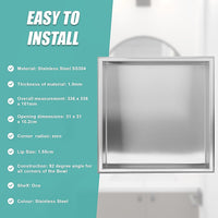 336 x 336 x 101mm Shower Niche Single Shelf Organizer No Tile Needed in Stainless Steel Finish