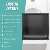 336 x 336 x 101mm Shower Niche Single Shelf Organizer No Tile Needed in Black