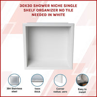 336 x 336 x 101mm Shower Niche Single Shelf Organizer No Tile Needed in White