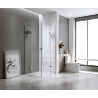 110x120cm Double Door Corner Shower Screen – Wall Channels with SS Hinges in Chrome, Square Knob Handle