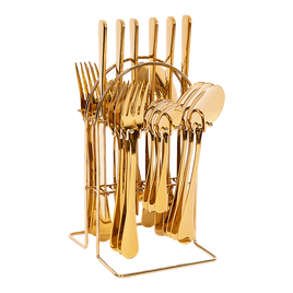 Tableware 24PC Gold Cutlery Set SS304 Household Knife Fork Spoon Kitchen with Storage Rack Dinner Service