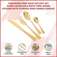 Tableware 24PC Gold Cutlery Set SS304 Household Knife Fork Spoon Kitchen with Storage Rack Dinner Service