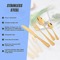 Tableware 24PC Gold Cutlery Set SS304 Household Knife Fork Spoon Kitchen with Storage Rack Dinner Service