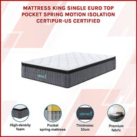 King Single Euro Top Pocket Spring Mattress – Motion Isolation Comfort with CertiPUR-US Certified Foam Layers