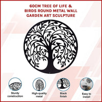 60cm Tree of Life & Birds Round Metal Wall Garden Art Sculpture