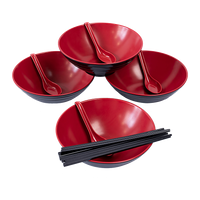 12 Piece Ramen Noodle Bowl with Spoon and Chopsticks Black Red