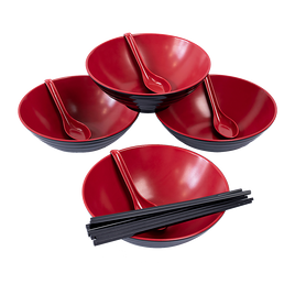12 Piece Ramen Noodle Bowl with Spoon and Chopsticks Black Red