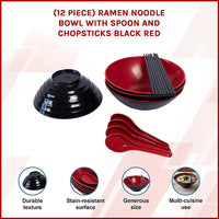 12 Piece Ramen Noodle Bowl with Spoon and Chopsticks Black Red