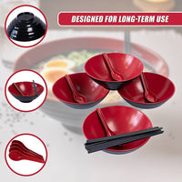12 Piece Ramen Noodle Bowl with Spoon and Chopsticks Black Red