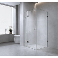 120x70cm Corner Frameless Shower Screen with Black Brackets and Brass Hinges