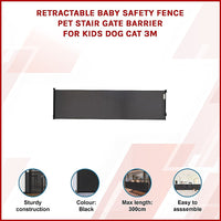 Retractable Baby Safety Fence Pet Stair Gate Barrier for Kids Dog Cat 3M