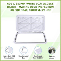 606 x 353mm White Boat Access Hatch – Marine Deck Inspection Lid for Boat, Yacht & RV Use