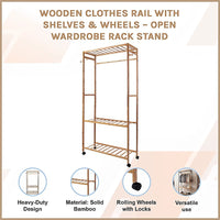 Wooden Clothes Rail with Shelves & Wheels – Open Wardrobe Rack Stand