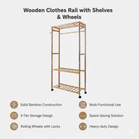 Wooden Clothes Rail with Shelves & Wheels – Open Wardrobe Rack Stand