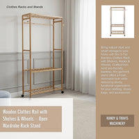 Wooden Clothes Rail with Shelves & Wheels – Open Wardrobe Rack Stand
