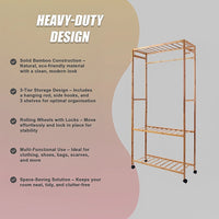 Wooden Clothes Rail with Shelves & Wheels – Open Wardrobe Rack Stand