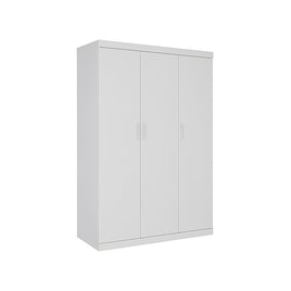 3 Door White Wardrobe – White Handles, Hanging Rail & Shelves