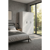 3 Door White Wardrobe – Black Handles, Hanging Rail & Shelves