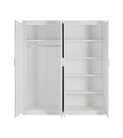 4 Door Wardrobe in White Gloss – Hanging Rail, Shelves & White Handles