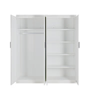 4 Door Wardrobe in White Gloss – Hanging Rail, Shelves & Black Handles