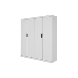 4 Door White Wardrobe Cabinet – Hanging Rail, Shelves & Black Handles