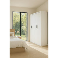4 Door White Wardrobe Cabinet – Hanging Rail, Shelves & Black Handles