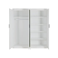 4 Door White Wardrobe Cabinet – Hanging Rail, Shelves & Black Handles
