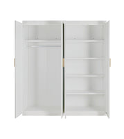 4 Door Wardrobe in White Gloss – Hanging Rail, Shelves & Gold Handles