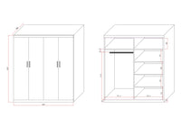 4 Door Wardrobe in White Gloss – Hanging Rail, Shelves & Gold Handles