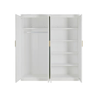 4 Door White Wardrobe Cabinet – Hanging Rail, Shelves & Gold Handles