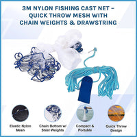 3m Nylon Fishing Cast Net – Quick Throw Mesh with Chain Weights & Drawstring