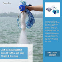 3m Nylon Fishing Cast Net – Quick Throw Mesh with Chain Weights & Drawstring