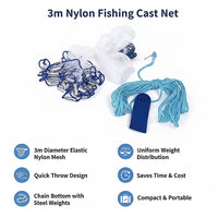 3m Nylon Fishing Cast Net – Quick Throw Mesh with Chain Weights & Drawstring