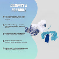 3m Nylon Fishing Cast Net – Quick Throw Mesh with Chain Weights & Drawstring