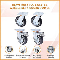 Heavy Duty Plate Caster Wheels Set 4 1200kg Swivel