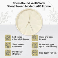 30cm Round Wall Clock Silent Sweep Modern ABS Frame