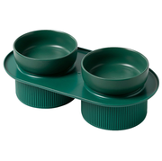 Ribbed Ceramic Double Pet Bowl 3pc Set - Emerald