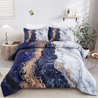 Blue Marble Comforter Set, King Size, Retro Watercolor 3-Piece Bedding Ensemble