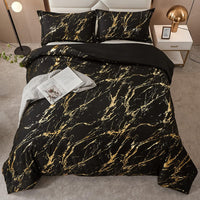 Black Gold Metallic Marble Comforter Set, Queen Size, Foil Print Glitter 3-Piece Bedding