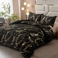 Black Gold Metallic Marble Comforter Set, King Size, Foil Print Glitter 3-Piece Bedding