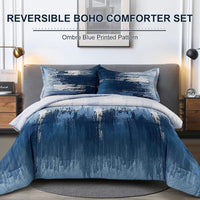 Ombre Blue Comforter Set, King Size, Gradient Blue Grey 3-Piece Boho Bedding