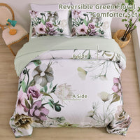 Floral Comforter Set, King Size, Green Floral 3-Piece Bedding, Soft Microfiber for All Seasons