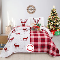 Joyful Red & white Reindeer pattern reversible Christmas Queen Bedspread Set