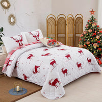 Joyful Red & white Reindeer pattern reversible Christmas Queen Bedspread Set