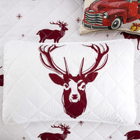 Joyful Red & white Reindeer pattern reversible Christmas Queen Bedspread Set