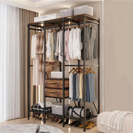 Freestanding Open Wardrobe with Clothes Rail and Curtains