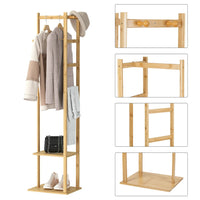 Bamboo Coat Stand Clothes Rack with Garment Shelf, Hanging Rail and Hooks